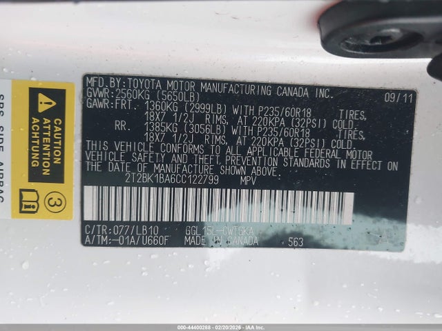 44400288 :رقم المزاد ، 2T2BK1BA6CC122799 vin ، 2012 Lexus Rx 350 مزاد بيع