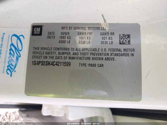 44400316 :رقم المزاد ، 1G4PS5SK4C4211599 vin ، 2012 Buick Verano Leather Group مزاد بيع