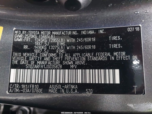 5TDZARFH1JS035828 Toyota Highlander Le