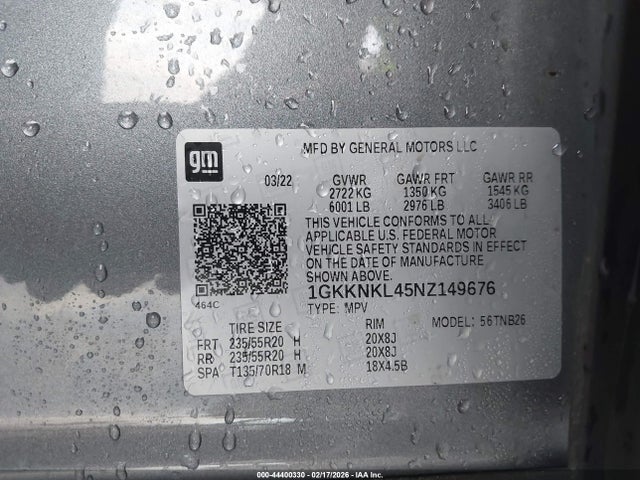 1GKKNKL45NZ149676 GMC Acadia Fwd Sle