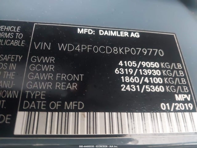 Продажа на аукционе авто 2019 Mercedes-benz Sprinter 2500 Standard Roof V6, vin: WD4PF0CD8KP079770, номер лота: 44400335