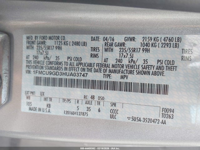 1FMCU9GD3HUA03747 Ford ESCAPE SE