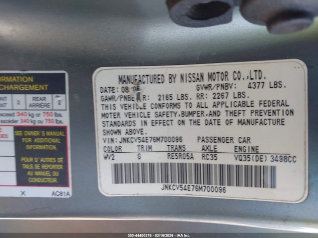 Продаж на аукціоні авто 2006 Infiniti G35, vin: JNKCV54E76M700096, номер лоту: 44400376