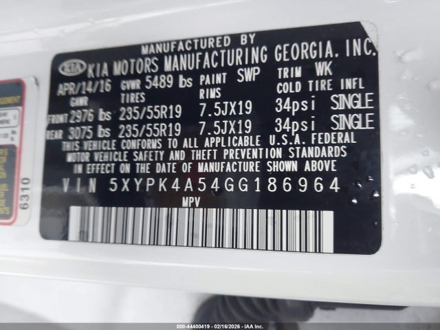 5XYPK4A54GG186964 KIA Sorento 3.3l Sx