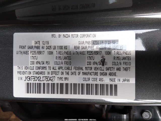 Aukcja sprzedaży 2020 Mazda Cx-5 Touring, vin: JM3KFBCM2L0760427, numer aukcji: 44400458