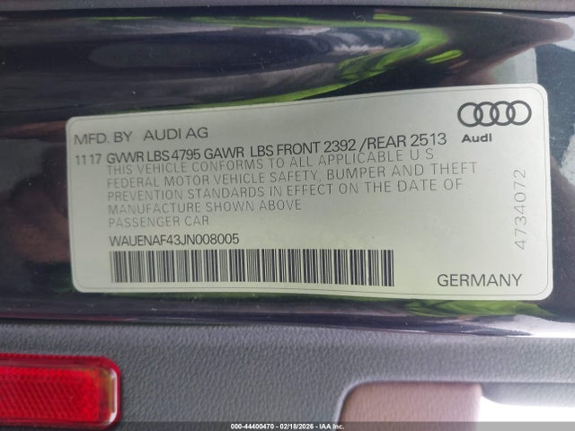 2018 Audi A4 2.0t Premium მანქანა იყიდება აუქციონზე, vin: WAUENAF43JN008005, აუქციონის ნომერი: 44400470