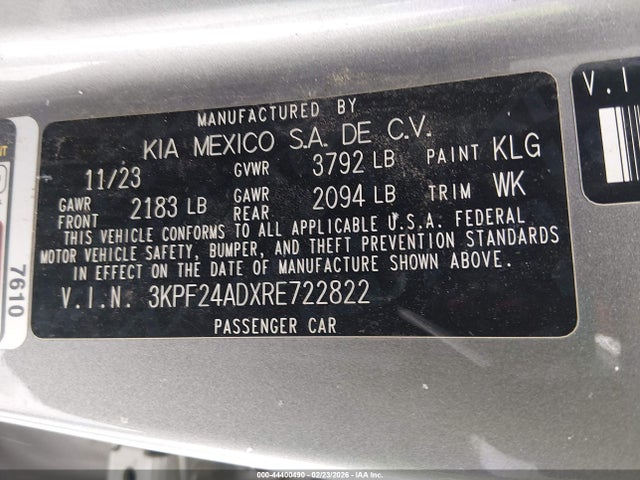 Продажа на аукционе авто 2024 Kia Forte Lxs, vin: 3KPF24ADXRE722822, номер лота: 44400490