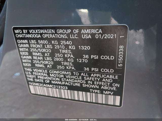 44400494 :رقم المزاد ، 1V2ME2CA0MC212323 vin ، 2021 Volkswagen Atlas Cross Sport 3.6l V6 Se W/technology R-line مزاد بيع