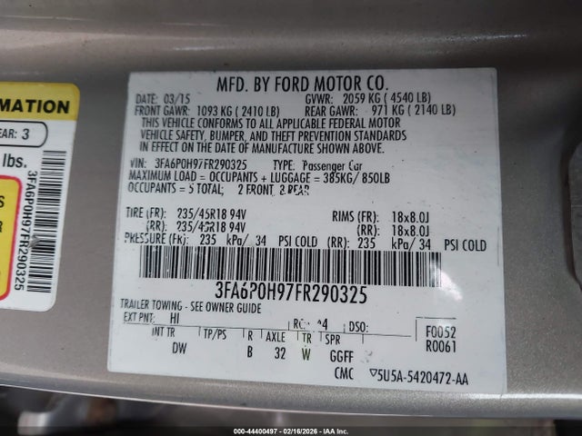 Ford FUSION SE 2015 3FA6P0H97FR290325 Image 9
