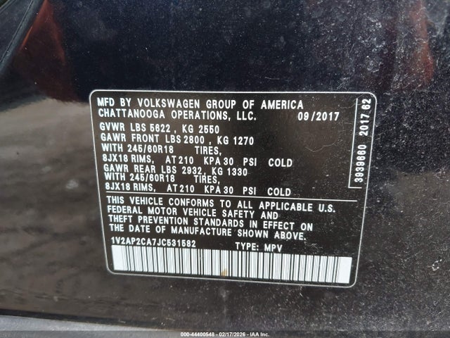 Продажа на аукционе авто 2018 Volkswagen Atlas 2.0t S, vin: 1V2AP2CA7JC531582, номер лота: 44400548