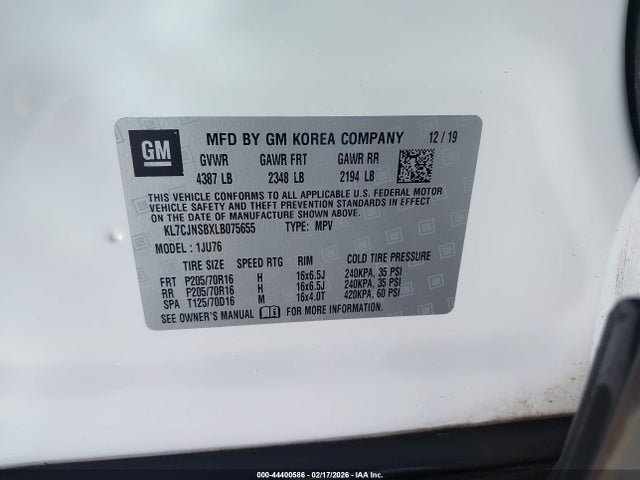 KL7CJNSBXLB075655 Chevrolet Trax Awd Ls