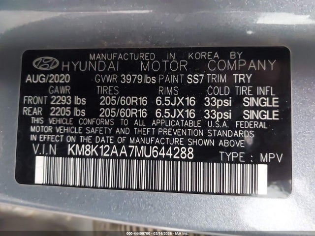 Aukcja sprzedaży 2021 Hyundai Kona Se, vin: KM8K12AA7MU644288, numer aukcji: 44400700