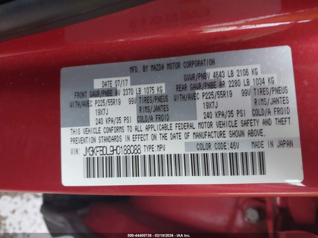 44400738 :رقم المزاد ، JM3KFBDL9H0188088 vin ، 2017 Mazda Cx-5 Grand Touring مزاد بيع