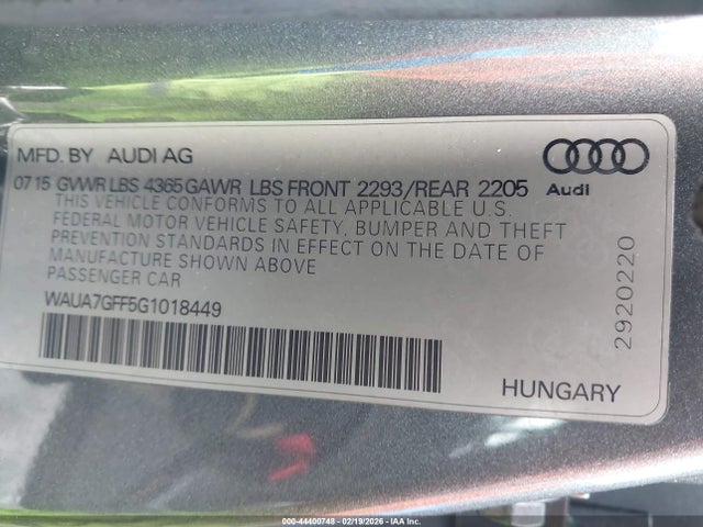 44400748 :رقم المزاد ، WAUA7GFF5G1018449 vin ، 2016 Audi A3 1.8t Premium مزاد بيع