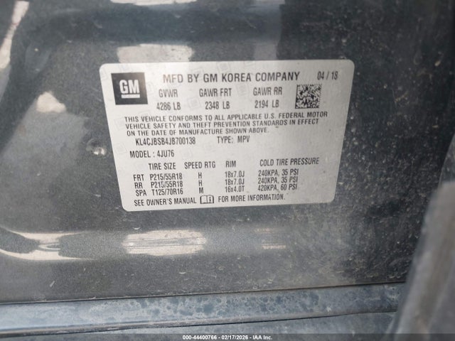 44400766 :رقم المزاد ، KL4CJBSB4JB700138 vin ، 2018 Buick Encore Preferred Ii مزاد بيع