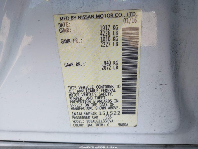 1N4AL3AP5GC151522 Nissan Altima 2.5/2.5 S/2.5 Sl/2.5 Sr/2.5 Sv