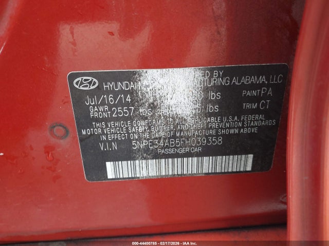 44400785 :رقم المزاد ، 5NPE34AB5FH039358 vin ، 2015 Hyundai Sonata Sport 2.0t مزاد بيع