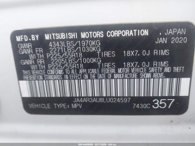 Продажа на аукционе авто 2020 Mitsubishi Outlander Sport 2.0 Be Awc/2.0 Es Awc/2.0 Se Awc/2.0 Sp Awc, vin: JA4AR3AU8LU024597, номер лота: 44400806