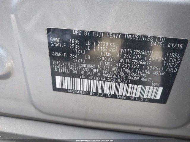 44400814 :رقم المزاد ، 4S4BSAACXG3288731 vin ، 2016 Subaru Outback 2.5i مزاد بيع