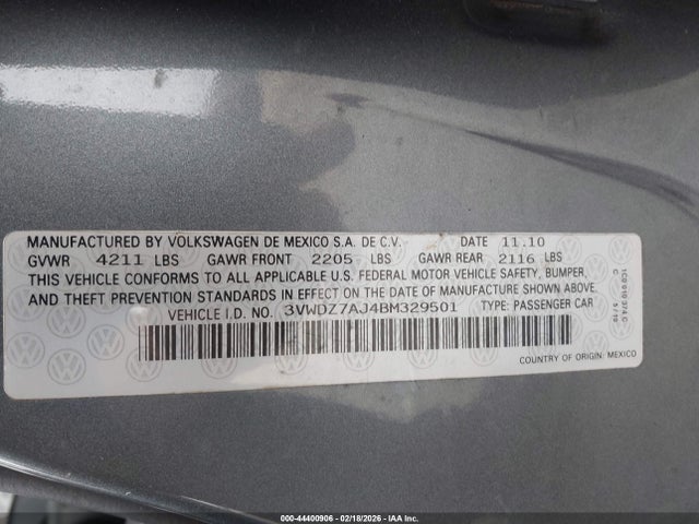 Продажа на аукционе авто 2011 Volkswagen Jetta 2.5l Se, vin: 3VWDZ7AJ4BM329501, номер лота: 44400906