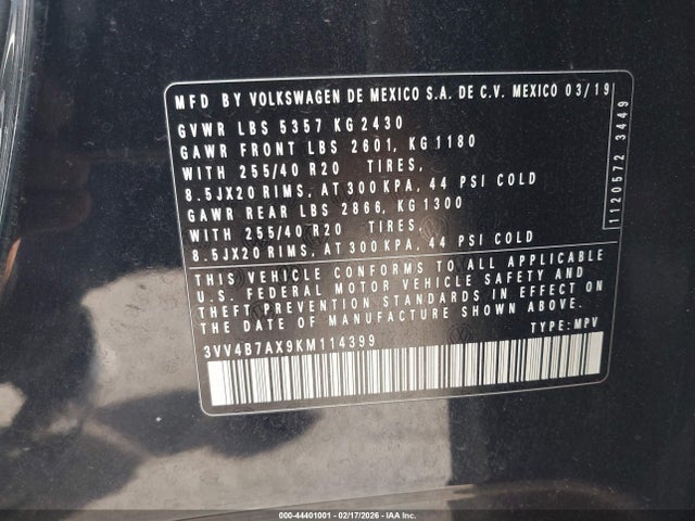 44401001 :رقم المزاد ، 3VV4B7AX9KM114399 vin ، 2019 Volkswagen Tiguan 2.0t Sel Premium/2.0t Sel Premium R-line مزاد بيع
