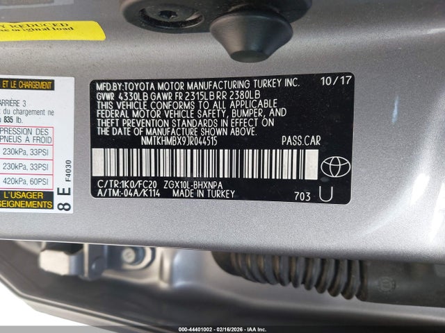 Продажа на аукционе авто 2018 Toyota C-hr Xle, vin: NMTKHMBX9JR044515, номер лота: 44401002