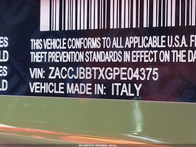 2016 Jeep Renegade 75th Anniversary მანქანა იყიდება აუქციონზე, vin: ZACCJBBTXGPE04375, აუქციონის ნომერი: 44401015
