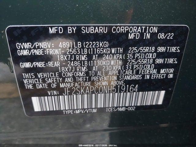 JF2SKAPC0NH519164 Subaru Forester Limited