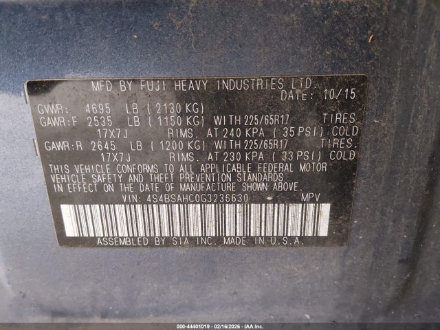 4S4BSAHC0G3236630 Subaru Outback 2.5i Premium