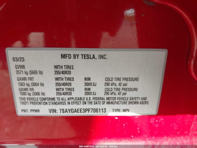 2023 Tesla Model Y Awd/long Range Dual Motor All-wheel Drive მანქანა იყიდება აუქციონზე, vin: 7SAYGAEE3PF706113, აუქციონის ნომერი: 44401032