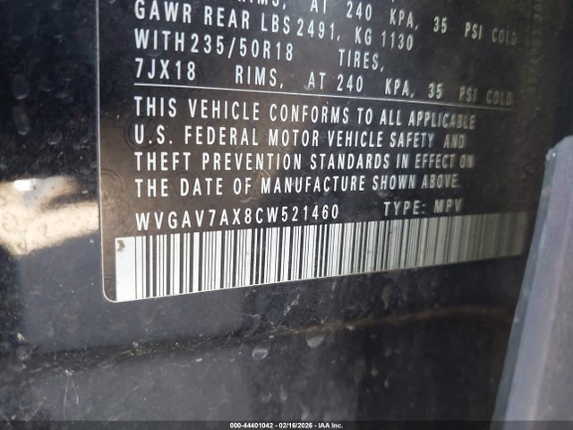 44401042 :رقم المزاد ، WVGAV7AX8CW521460 vin ، 2012 Volkswagen Tiguan Se مزاد بيع