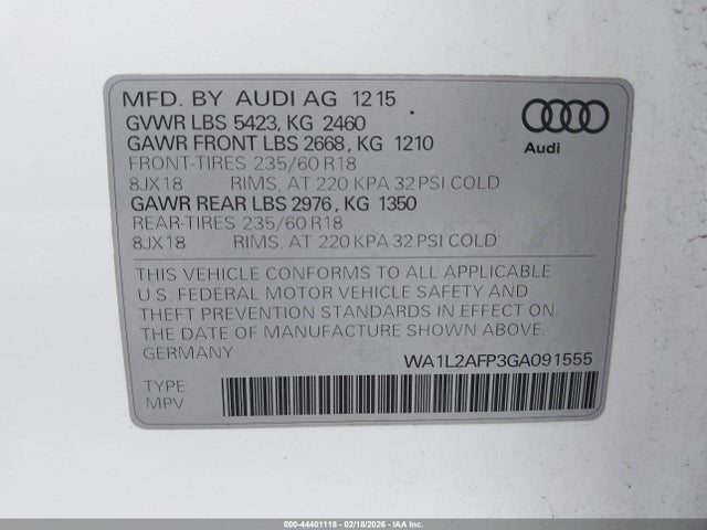 Продажа на аукционе авто 2016 Audi Q5 2.0t Premium, vin: WA1L2AFP3GA091555, номер лота: 44401118