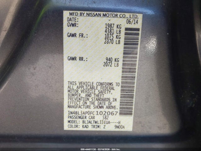 Aukcja sprzedaży 2015 Nissan Altima 3.5 Sl, vin: 1N4BL3AP0FC102067, numer aukcji: 44401138