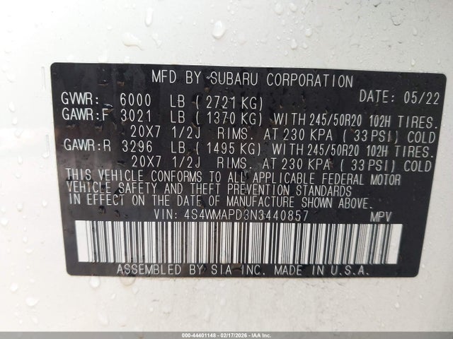 44401148 :رقم المزاد ، 4S4WMAPD3N3440857 vin ، 2022 Subaru Ascent Limited مزاد بيع