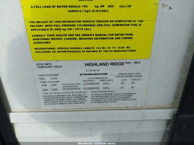 2022 Highland Ridge Open Range Series M- მანქანა იყიდება აუქციონზე, vin: 58TBH0BU4N3A23089, აუქციონის ნომერი: 44401203