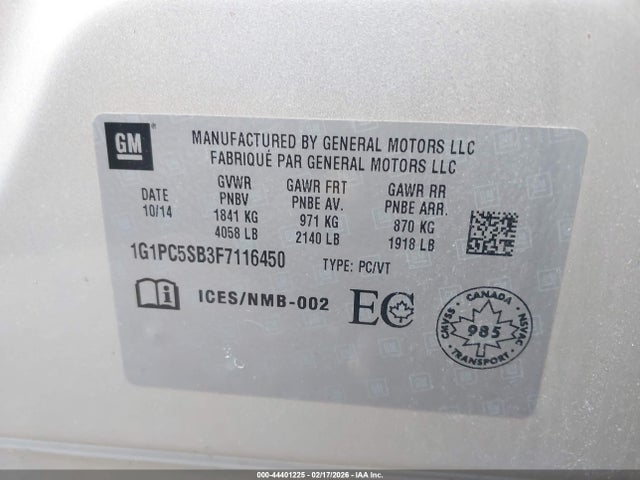 44401225 :رقم المزاد ، 1G1PC5SB3F7116450 vin ، 2015 Chevrolet Cruze 1lt Auto مزاد بيع
