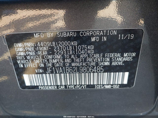 Subaru Wrx Premium 2020 JF1VA1B62L9806485 Image 9