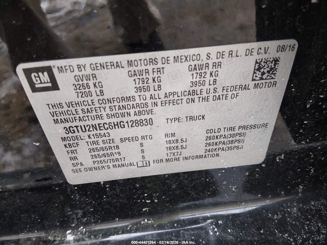 Продаж на аукціоні авто 2017 Gmc Sierra 1500 Slt, vin: 3GTU2NEC6HG128830, номер лоту: 44401264