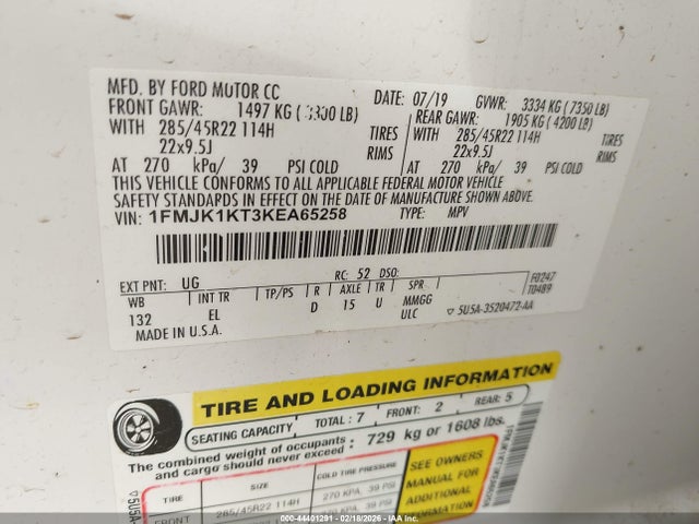 44401291 :رقم المزاد ، 1FMJK1KT3KEA65258 vin ، 2019 Ford Expedition Max Limited مزاد بيع
