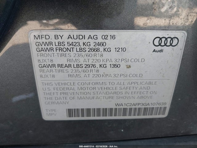 Aukcja sprzedaży 2016 Audi Q5 2.0t Premium, vin: WA1C2AFP3GA107639, numer aukcji: 44401314