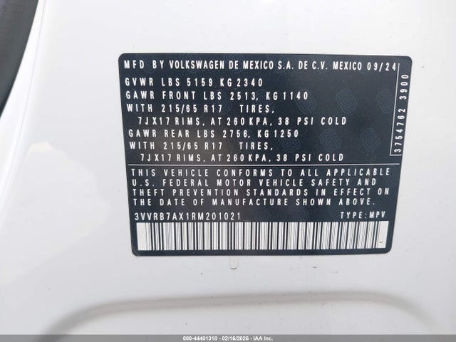 44401318 :رقم المزاد ، 3VVRB7AX1RM201021 vin ، 2024 Volkswagen Tiguan 2.0t S مزاد بيع