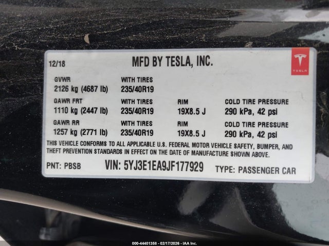 Aukcja sprzedaży 2018 Tesla Model 3, vin: 5YJ3E1EA9JF177929, numer aukcji: 44401358