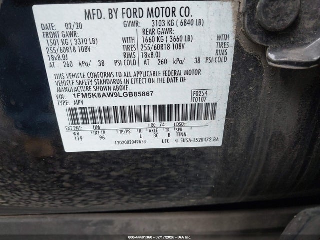 1FM5K8AW9LGB85867 Ford Police Interceptor Utility
