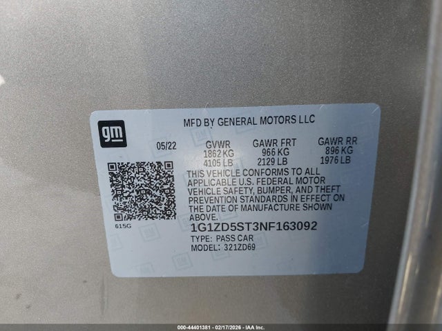 Aukcja sprzedaży 2022 Chevrolet Malibu Fwd Lt, vin: 1G1ZD5ST3NF163092, numer aukcji: 44401381