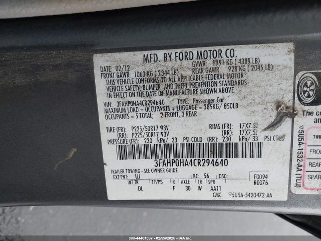 2012 FORD FUSION 3FAHP0HA4CR294640 Photo 8
