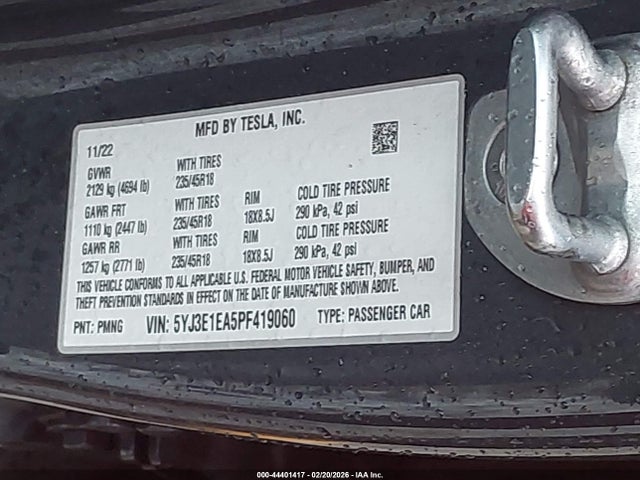 Продаж на аукціоні авто 2023 Tesla Model 3 Rear-wheel Drive, vin: 5YJ3E1EA5PF419060, номер лоту: 44401417
