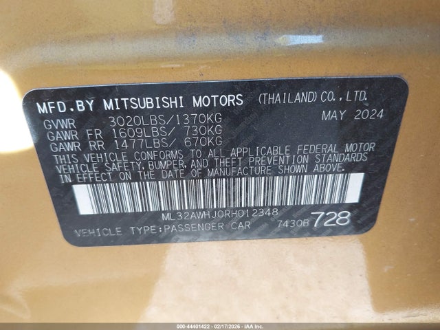 Продаж на аукціоні авто 2024 Mitsubishi Mirage Black Edition/ralliart/se, vin: ML32AWHJ0RH012348, номер лоту: 44401422