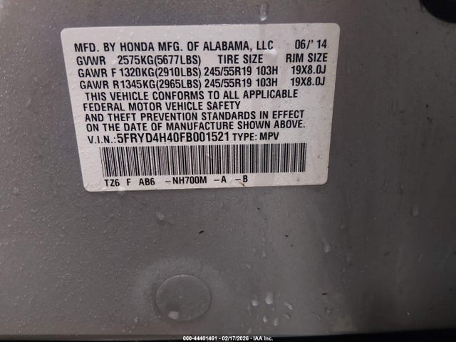 44401461 :رقم المزاد ، 5FRYD4H40FB001521 vin ، 2015 Acura Mdx Technology Package مزاد بيع