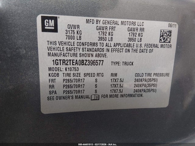 44401513 :رقم المزاد ، 1GTR2TEA0BZ396577 vin ، 2011 Gmc Sierra 1500 Work Truck مزاد بيع