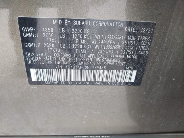 Продаж на аукціоні авто 2022 Subaru Outback Premium, vin: 4S4BTAFC0N3179486, номер лоту: 44401560